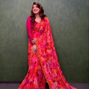 Floral Coral Chiffon Saree